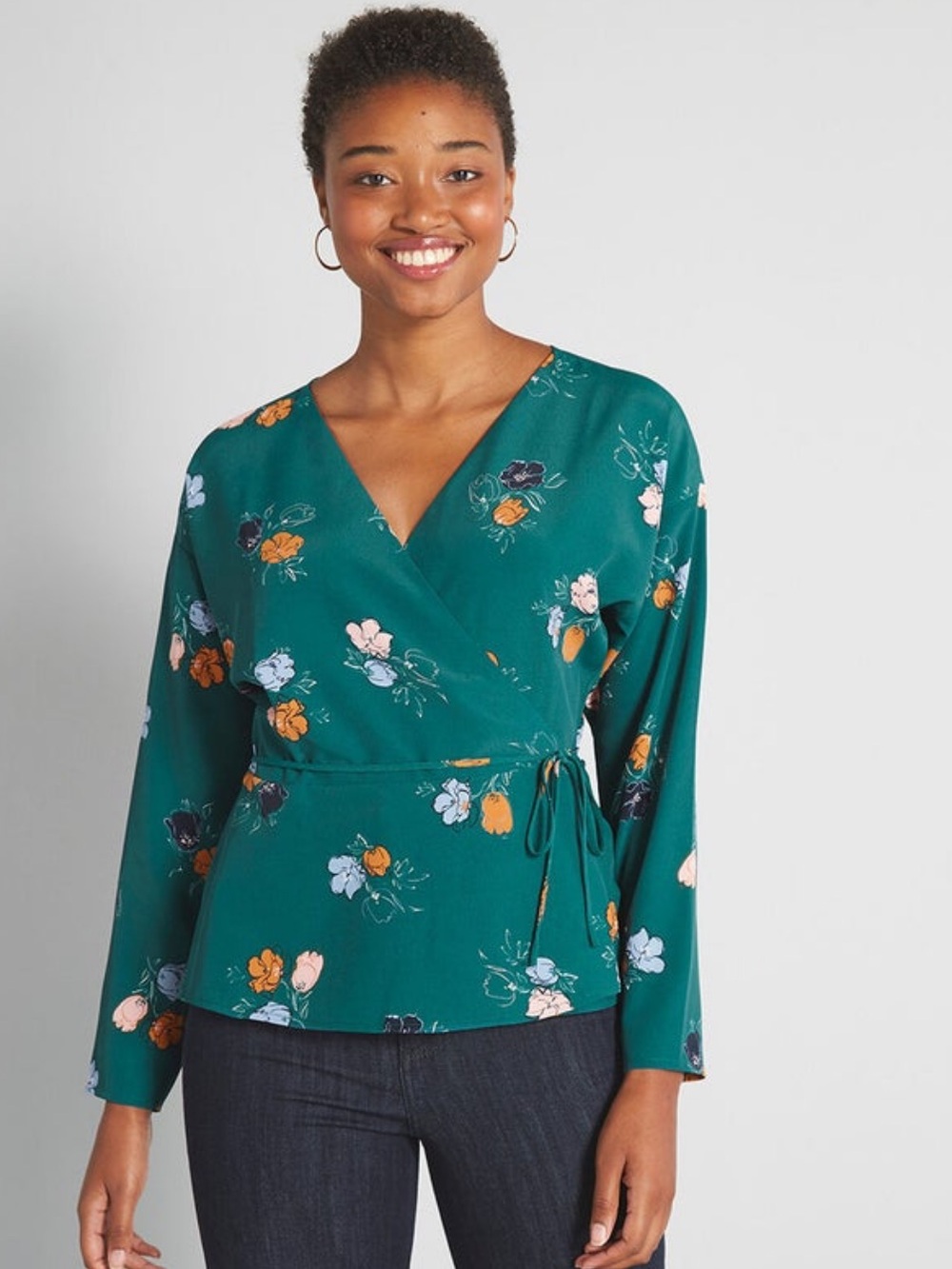 ModCloth Floral Wrap Dolman Sleeve Blouse Green Size XL
